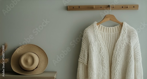 Cozy Oversized Sweater and Straw Hat on Display in a Minimalist Interior Setting