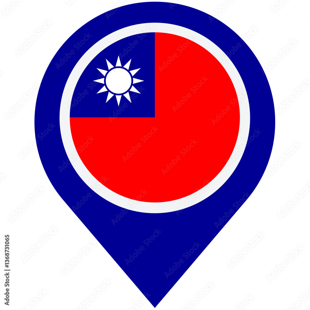 Obraz premium A vibrant map marker proudly displaying the Taiwanese flag, symbolizing national pride and geographical location with a bold blue color scheme and crisp, clean lines.