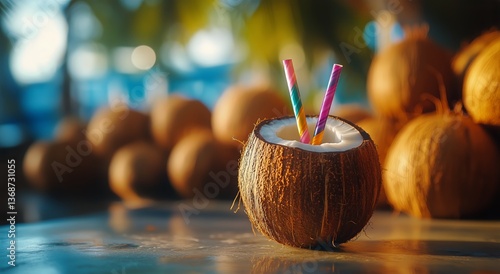 Refreshing Coconut Drink Served in a Shell at a Tropical Beach During Sunset