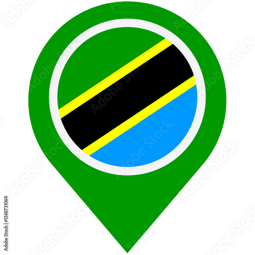 Discovering Tanzania: A vibrant green map pin showcasing the national flag's bold colors and striking diagonal design.