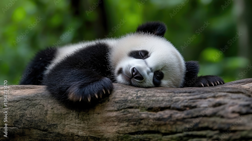 Obraz premium Adorable panda cub sleeping peacefully on a log