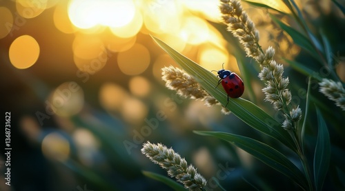 Ladybug Resting on Green Grass Under Golden Sunlight in a Serene Outdoor Setting