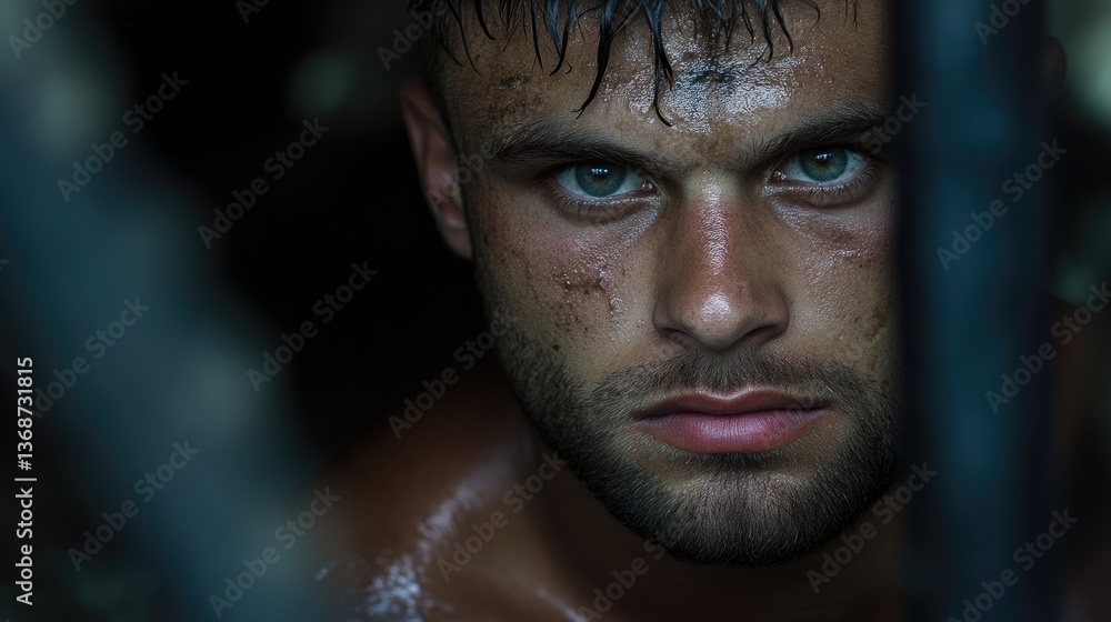 Determined warrior's intense gaze Determined warrior's intense gaze