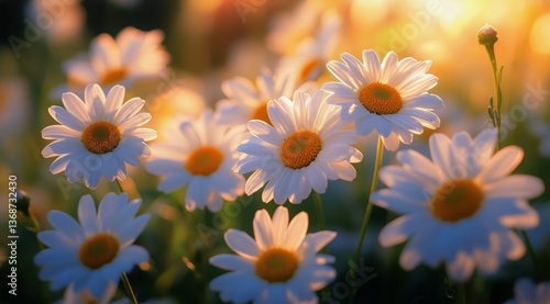 Bright Daisies Bloom in a Sunny Field During Golden Hour