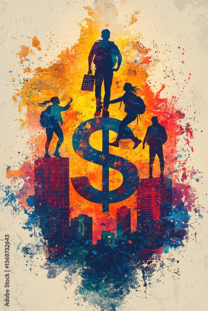 Fototapeta premium Flat illustration style, three people climbing on the dollar sign with money and a calculator around them