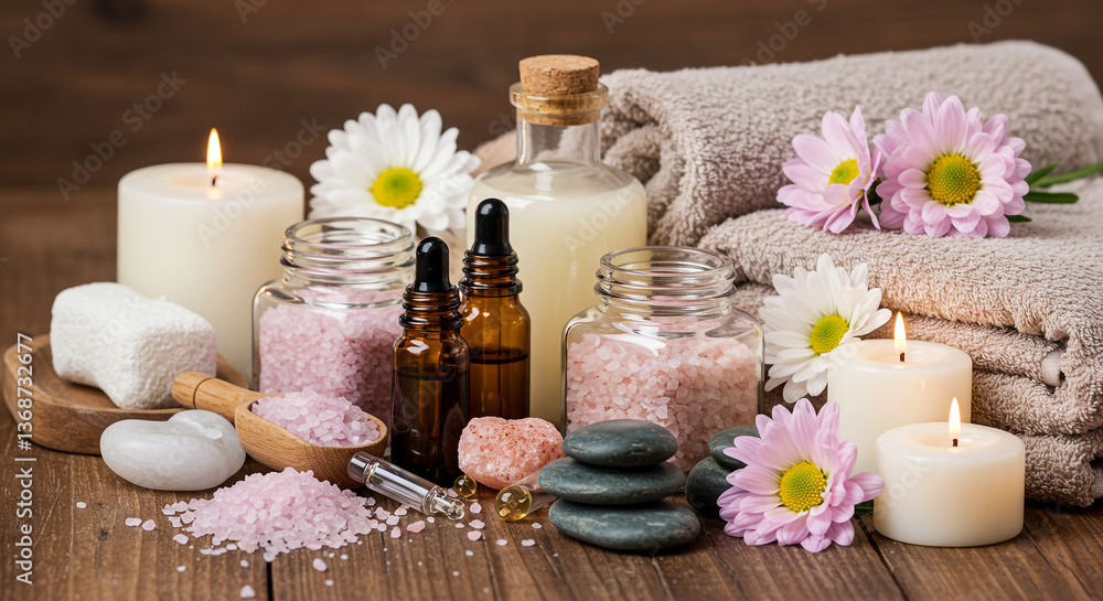 Luxury Bath Essentials Display with Aromatherapy Candles, Herbal Soaps, and Soft Towels Luxury Bath Essentials Display with Aromatherapy Candles, Herbal Soaps, and Soft Towels
