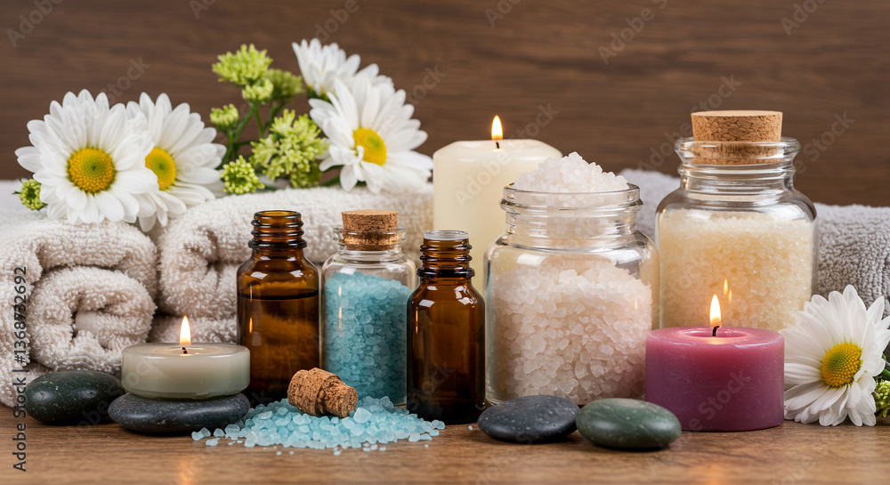 Relaxing Spa Flat Lay with Bath Salts, Essential Oils, and Fresh Flowers on a Wooden Surface Relaxing Spa Flat Lay with Bath Salts, Essential Oils, and Fresh Flowers on a Wooden Surface