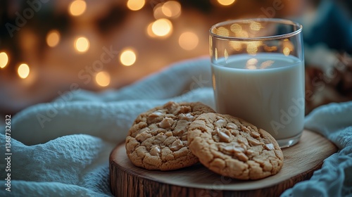 Delicious Cookies and Milk on a Cozy Wooden Board With Warm Lights in the Bac...