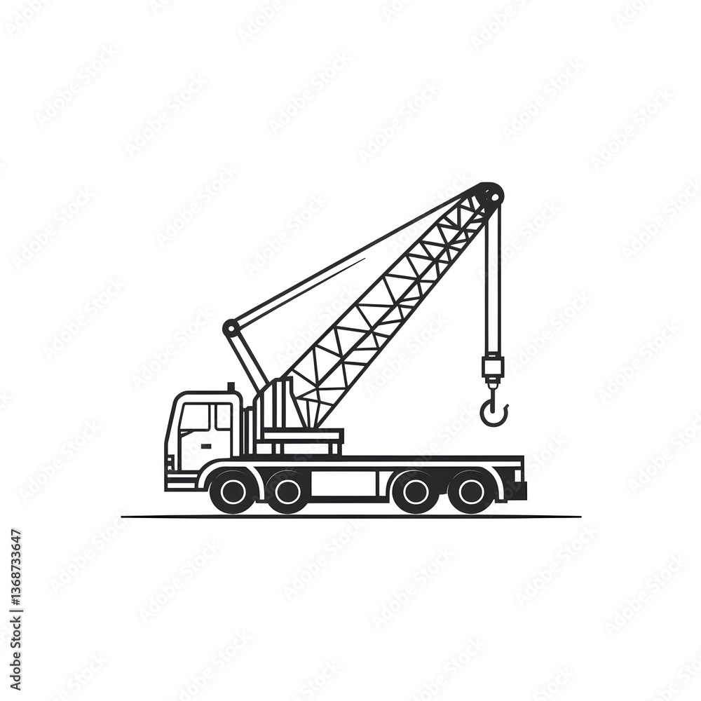 A minimalist black and white logo of a crane truck with an extended boom arm, a hook at the end, a sturdy cabin, and clean, curved lines. The design is simple and elegant, featuring subtle pastel shad A minimalist black and white logo of a crane truck with an extended boom arm, a hook at the end, a sturdy cabin, and clean, curved lines. The design is simple and elegant, featuring subtle pastel shad