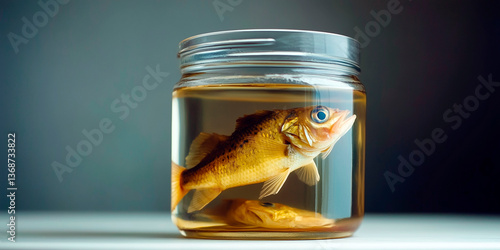 Preserved fish specimen in glass jar filled with liquid on white surface against dark background