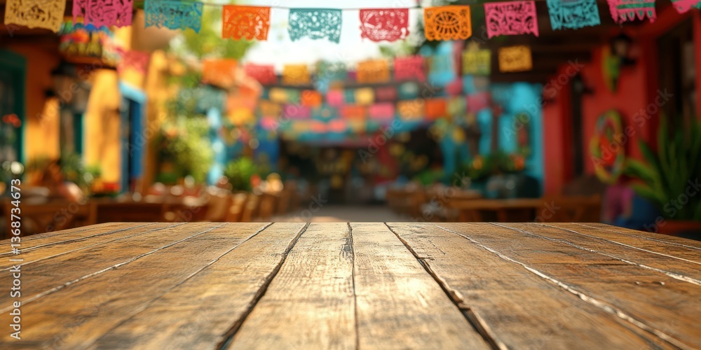 Fototapeta premium Colorful decorations enhance a vibrant outdoor dining area in a lively location during a sunny afternoon