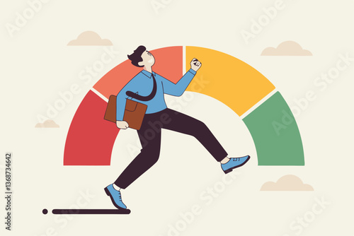 Performance evaluation, employee rating assessment, appraisal review or high potential employee, staff achievement, excellent job candidate concept, happy businessman on high performance gauge.