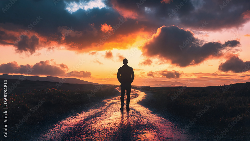 Silhouette of a person standing at a crossroads, choosing the path to sobriety, concept of recovery and new beginning, Shadow Self Concept, psychological tension Silhouette of a person standing at a crossroads, choosing the path to sobriety, concept of recovery and new beginning, Shadow Self Concept, psychological tension