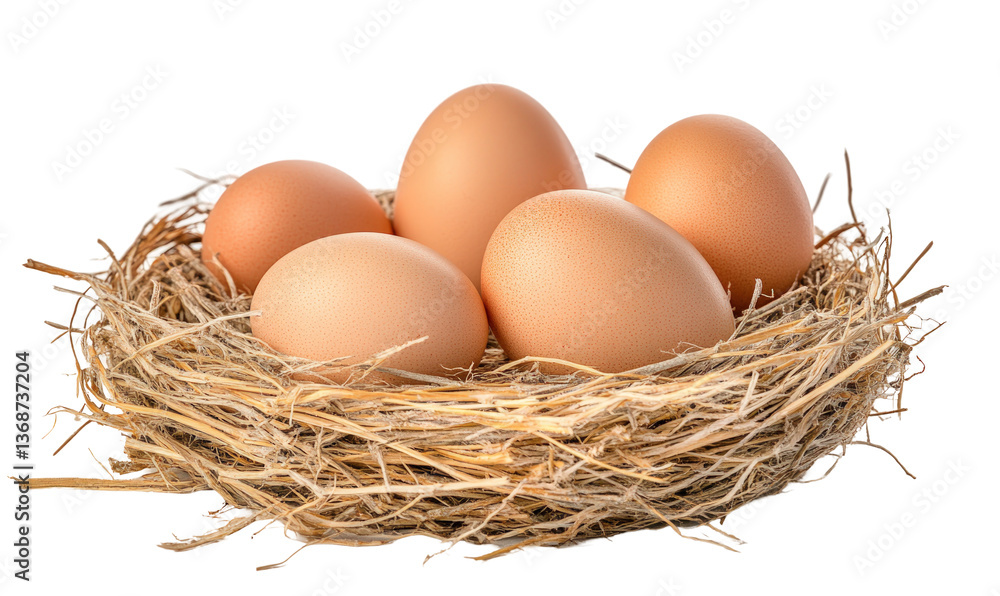 Five brown eggs nestled in a hay bird's nest against a transparent background Five brown eggs nestled in a hay bird's nest against a transparent background