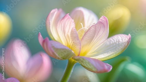 Close-up of a blooming, pink and yellow flower with soft, blurred background