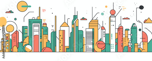 Abstract geometric cityscape with colorful skyscrapers in line art style - vector