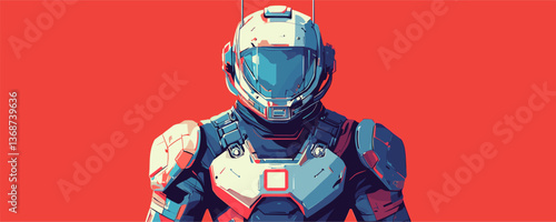 Futuristic soldier in space armor with helmet on red background - vector