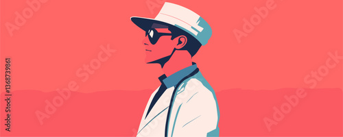 Stylish man in white hat and sunglasses on coral background, profile view, vector