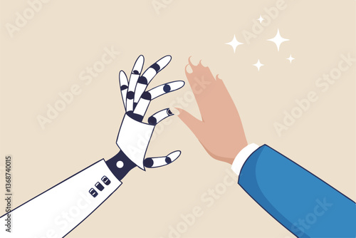 Working together with AI Artificial Intelligence, human cooperate with machine or robot, AI help or support coworker, assistance or partnership concept, businessman hand high five with robot hand.