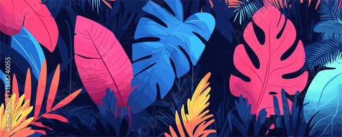 Tropical leaves pattern in vibrant colors on dark background, vector