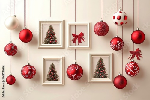 Christmas composition with 18 round Christmas balls for photos and the tree. Photo frames templates. Mockup on beige background. Winter holiday banner, poster, postcard, collage, album. AI
