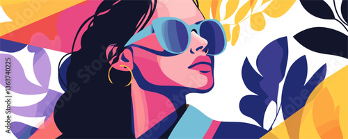 Stylish woman with sunglasses and vibrant abstract leaves - vector