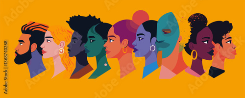 Diverse portraits side by side: profiles of multicultural faces on yellow background vector