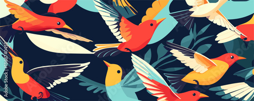 Colorful birds in flight with leaves on dark background - vector