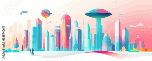 Futuristic cityscape with modern buildings and flying vehicles, bright colors, vector
