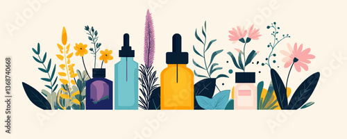 Colorful botanical dropper bottles with flowers and leaves - flat design vector