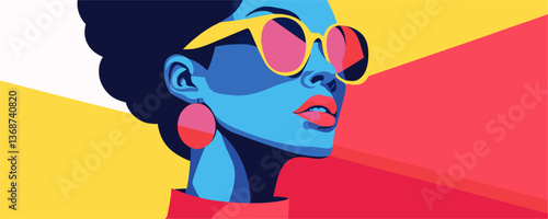 Stylish woman in sunglasses with bold colors and pop art style - vector