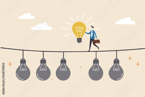 Difference idea innovation, discover opportunity to success, creativity or passion to improve career, wisdom or smart discovery concept, businessman discover bright lightbulb from difference others.