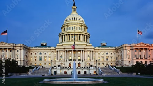 United States Capitol Building at Dusk with American Flags