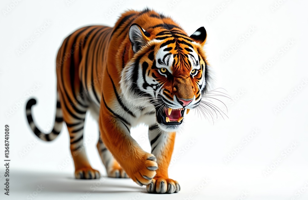 Obraz premium Aggressive tiger on white. Big cat showing fangs. Predator walking, animal close-up on isolated background. Anger, danger, power concept. Bengal tiger portrait.