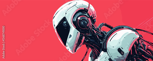 Futuristic robotic head with wires on red background - vector