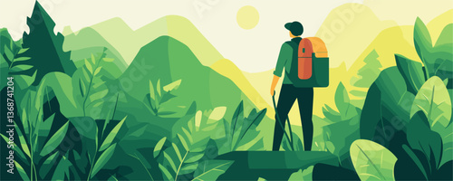 Hiker exploring lush mountain landscape with backpack at sunrise, nature travel adventure vector