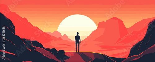 Silhouette in surreal sunset mountain landscape with sun backdrop - vector