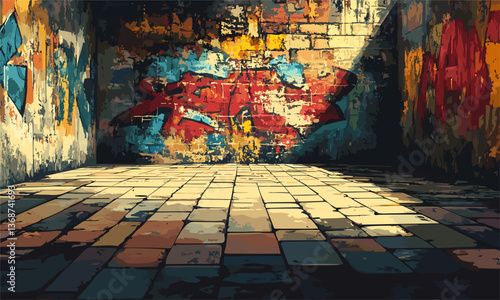 Abandoned urban graffiti alley with sunlight and artistic brick walls – vector