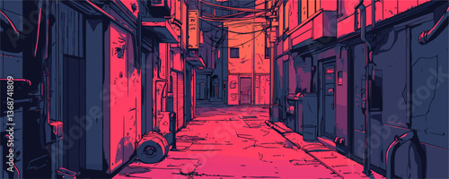 Neon-lit urban alleyway with graffiti and cables at night – vector