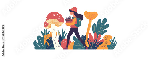 Woman forager with basket in lush mushroom forest scene vector