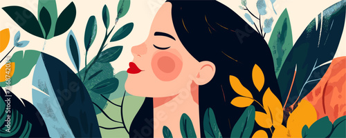 Colorful woman surrounded by lush tropical foliage and leaves - vector