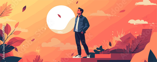 Man admiring sunset on autumn steps, surrounded by falling leaves and warm colors, vector