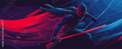 Stealthy ninja with red katana ready for battle against dark abstract background, vector