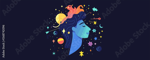 Celestial woman with cosmic hair surrounded by stars and planets, vector