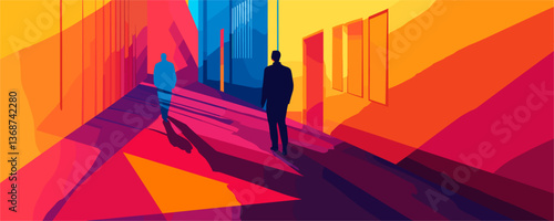 Colorful urban alley with silhouetted figures and geometric shadows - vector