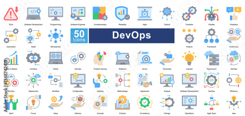 DevOps icon set in flat color style, featuring 50 icons of automation, deployment, agile workflows, and software development. Ideal for IT operations, cloud computing, and CI/CD pipelines.