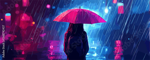 Person with umbrella in neon city rain, nighttime scene - vector