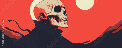 Skeletal figure in red landscape with sun: dramatic art vector