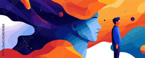 Abstract surreal landscape with man and giant face in vivid colors, vector