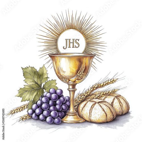 Gold Chalice and First Holy Communion Symbols Watercolor Illustration Isolated on White Background